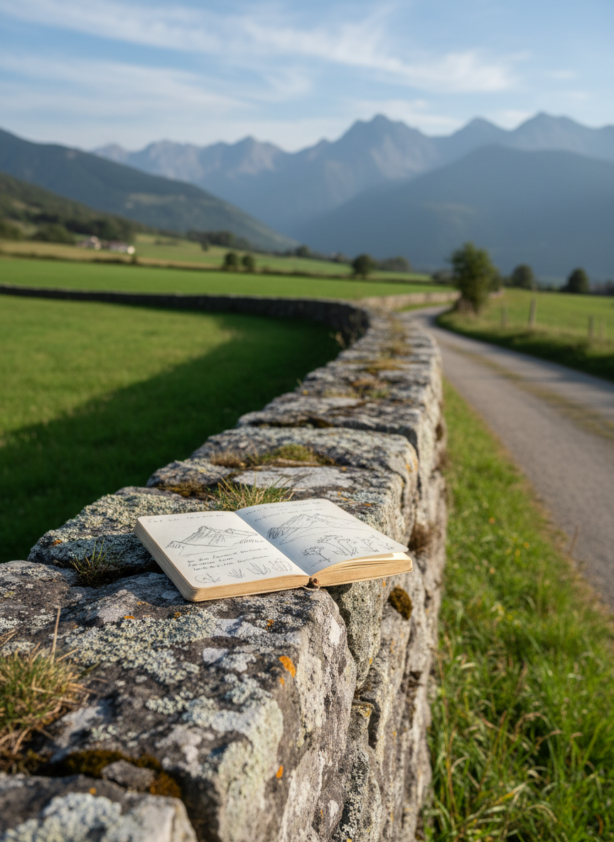 A close-up, eye-level photographic view of a weathered stone wall along a rural lane near Argelès-Gazost, its rough surfaces covered in pale lichen and tufts of grass. Resting on the top of the wall is a small, open notebook filled with short, handwritten lines and simple sketches of nearby mountains and plants, the ink slightly smudged as if written outdoors. Behind the wall, soft-focus meadows and distant peaks stretch under a pale blue sky with thin clouds. Late morning natural light gives clear, gentle illumination, enhancing texture in the stone and paper without harsh contrast. The composition uses the rule of thirds, with the notebook as the focal point and a moderate depth of field maintaining a realistic sense of depth and calm, reflective mood.
