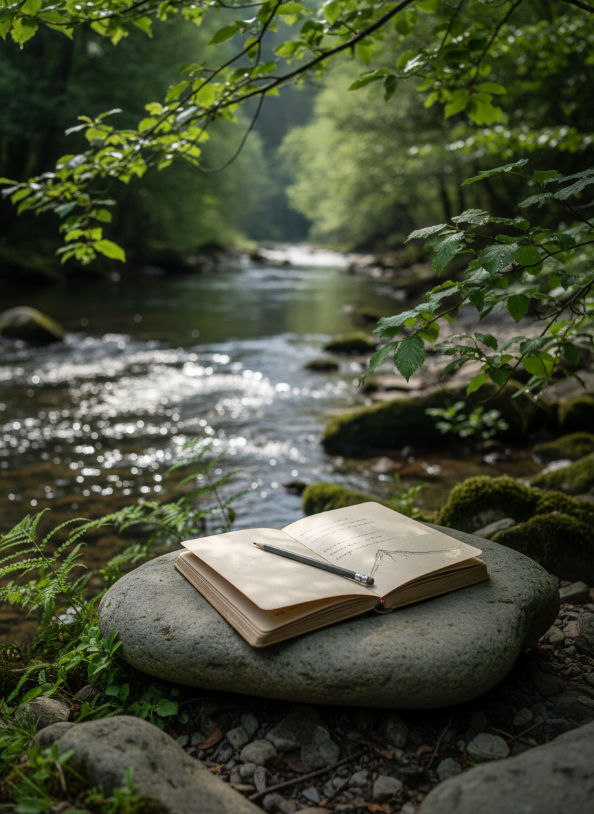 A quiet riverside spot near Argelès-Gazost, depicted in clean photographic realism, where a smooth, flat boulder serves as a natural writing desk. An open kraft-paper journal lies there, its pages slightly curled, with a simple pencil placed diagonally across. Moss-covered stones, ferns, and overhanging branches frame the scene. Soft, diffused morning light filters through leaves, reflecting on the gently moving water and creating sparkling highlights. The atmosphere feels intimate and welcoming, inviting slow observation rather than performance. Captured from a slightly elevated angle, the composition uses shallow depth of field to keep the journal sharply detailed while the background of river and forest melts into soft bokeh.
