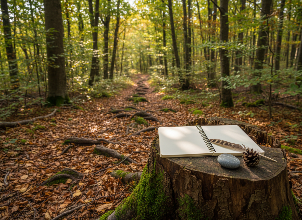 A shaded forest path in the foothills near Argelès-Gazost, portrayed with immersive photographic realism. The narrow trail is carpeted with fallen leaves, small roots, and patches of moss, meandering between tall trunks of beech and oak. On a low tree stump beside the path, a spiral-bound notebook lies open, its blank pages waiting, alongside a small collection of found objects: a feather, a smooth pebble, a tiny pinecone. Soft, dappled light filters through the canopy, creating intricate patterns of light and shadow on paper and bark. The mood is peaceful, sensory, and non-competitive, emphasizing personal connection to nature. Shot from a low angle, the path leads the eye deeper into the frame, with moderate depth of field keeping both stump and receding trail clear.