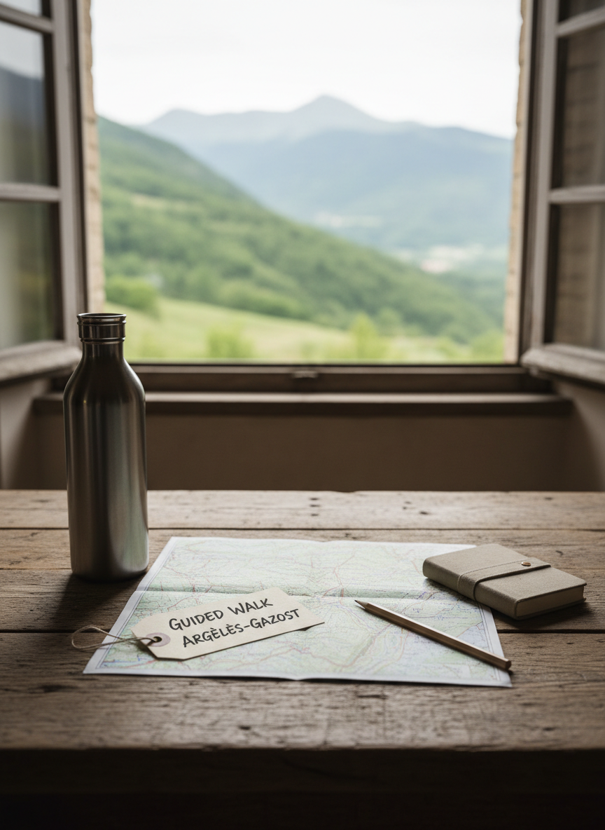 A minimalist photographic still life of objects prepared for a guided walk with writing near Argelès-Gazost, arranged on an old wooden table by an open window. A folded topographic map of the valley, a compact field notebook, a simple graphite pencil, and a lightweight metal water bottle are neatly placed on the textured wood. Through the window, blurred green slopes and a hint of a mountain ridge suggest the Pyrenean landscape. Soft, indirect daylight streams in, creating gentle highlights on paper edges and bottle, with subtle shadows that emphasize form. The atmosphere is organized yet relaxed, inclusive and non-competitive. Shot from a slightly elevated angle with shallow depth of field, the table arrangement is pin-sharp while the outside view remains softly atmospheric.