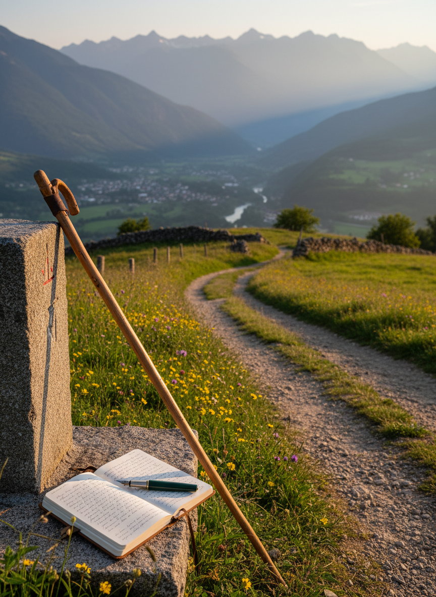 A narrow mountain path just above Argelès-Gazost, captured in photographic realism, winds gently through soft green pastures dotted with wildflowers and low stone walls. A simple wooden walking stick leans against a weathered milestone, and an open notebook with a fountain pen rests on a flat rock at the path’s edge. Late afternoon light bathes the valley below in a warm golden glow, while the distant Pyrenees rise in hazy blue layers. The mood is serene and contemplative, with no people present. Shot at eye level using the rule of thirds, the foreground notebook is in crisp focus while the sweeping landscape falls into a subtle, dreamy blur.